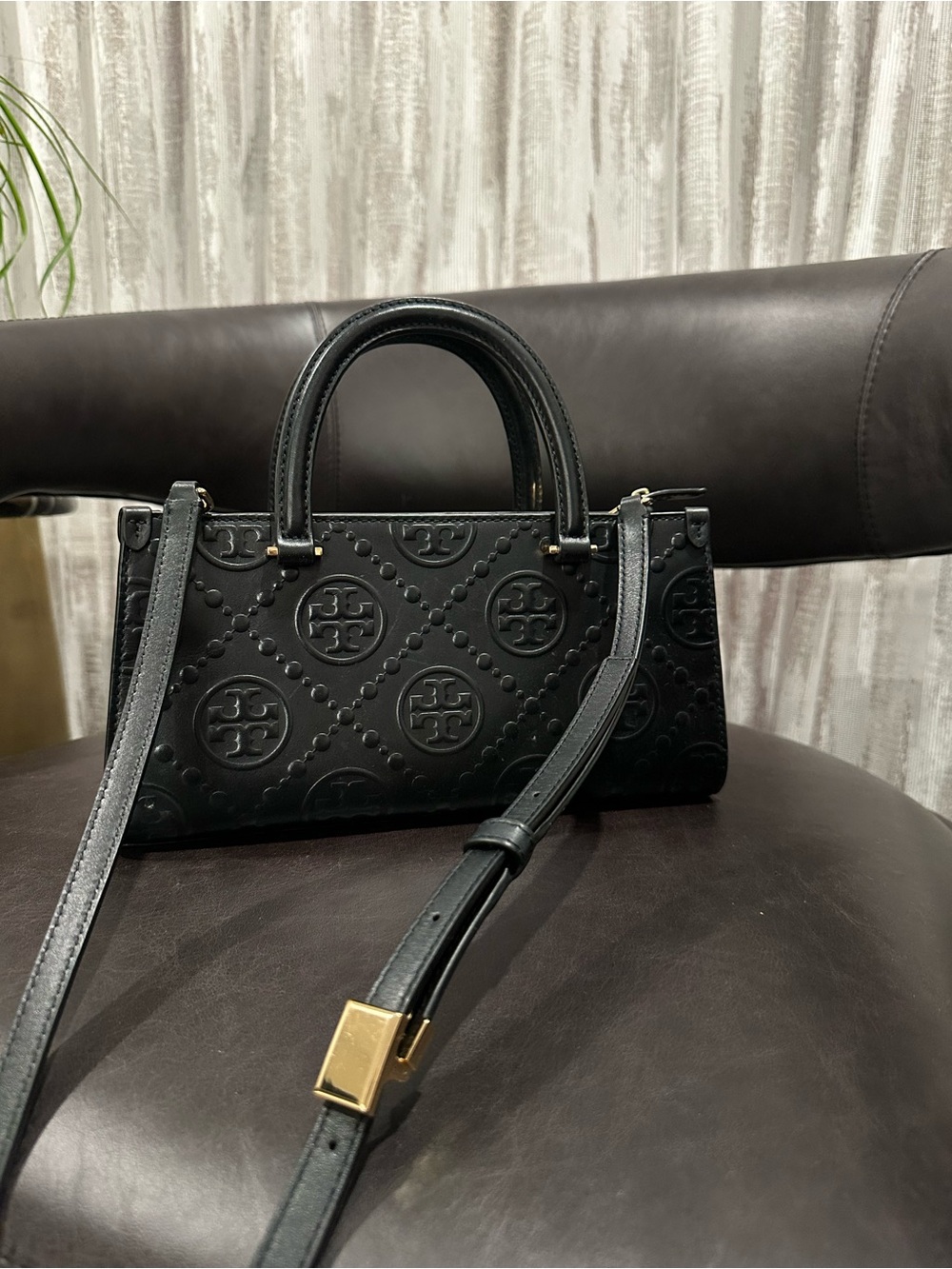 Tory Burch Black Quilted Logo Mini Satchel with Gold Hardware